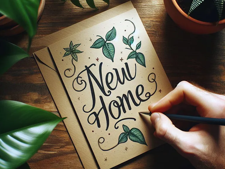 Photograph of a hand-written New Home card on a wooden surface surrounded by houseplant leaves
