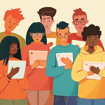 An animated group of diverse people sending and receiving ecards on their digital devices