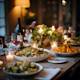 Photograph of an elegantly set dinner table with ambient lighting