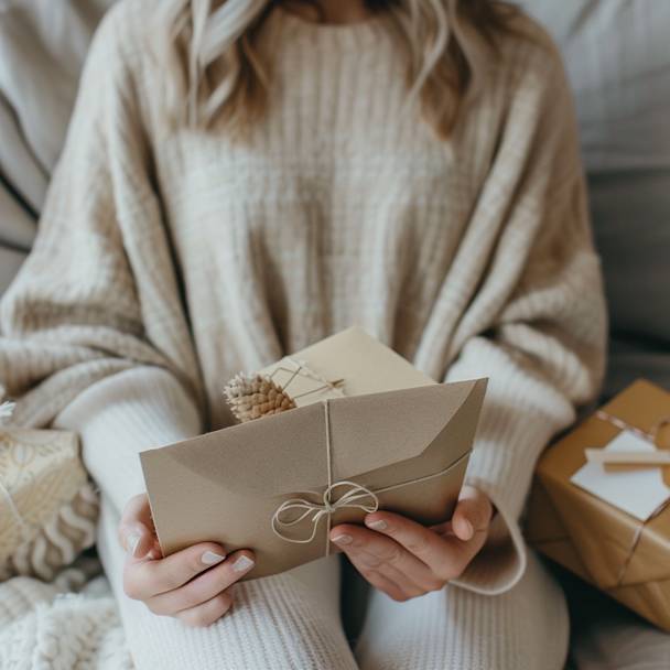 An open greeting card with a personal message and a wrapped gift