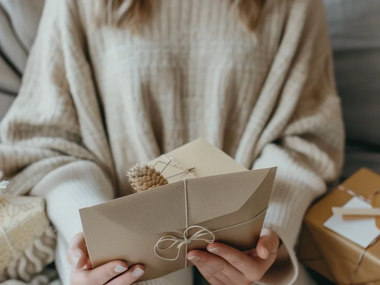 An open greeting card with a personal message and a wrapped gift