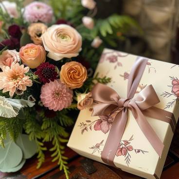 Beautifully wrapped gift box with a bow on top, placed next to a bouquet of flowers