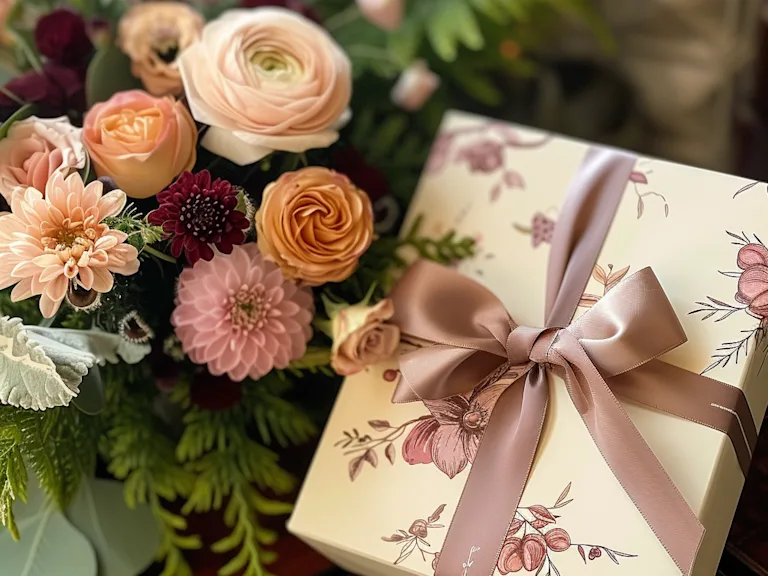 Beautifully wrapped gift box with a bow on top, placed next to a bouquet of flowers