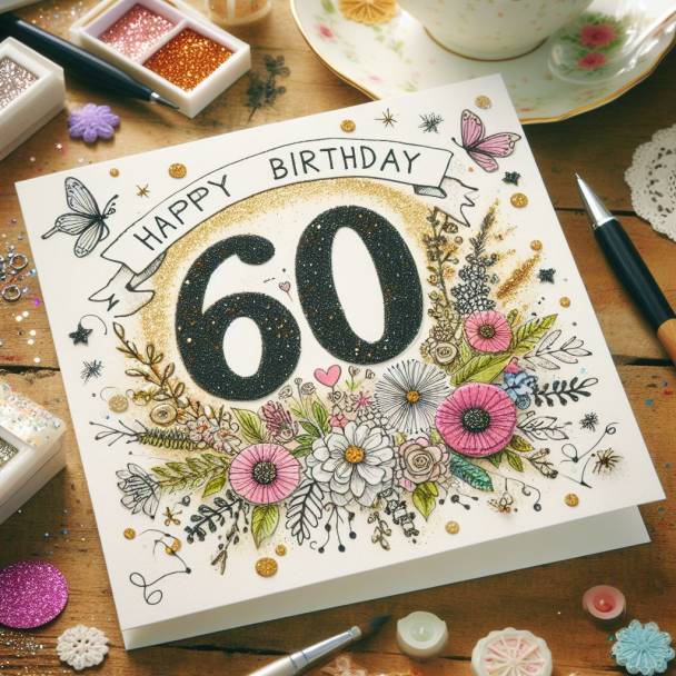 Decorated 60th birthday card with glitter and a personal doodle