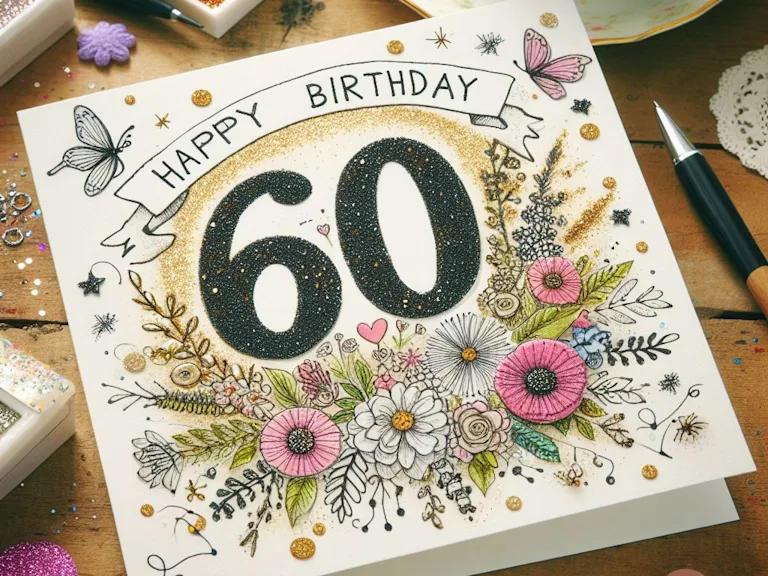Decorated 60th birthday card with glitter and a personal doodle