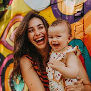 Laughing new mother with baby vibrant colors style sharp angle