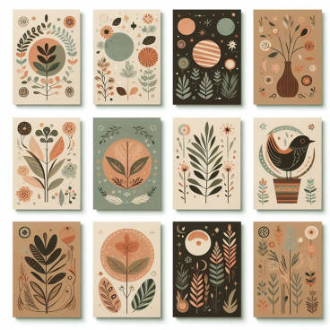 A collection of trendy eco-friendly greeting cards with earthy motifs
