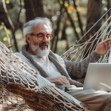 A relaxed new retiree lounging in a hammock with a laptop, humorously planning their next Netflix marathon.