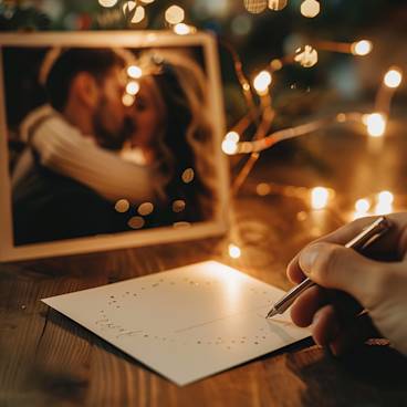 A hand holding a pen poised over a blank engagement card, with string lights and a photo of a happy couple in the background