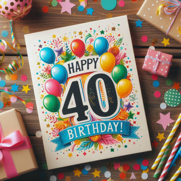 Colorful birthday card with 'Happy 40th Birthday!' surrounded by confetti and balloons on a wooden table
