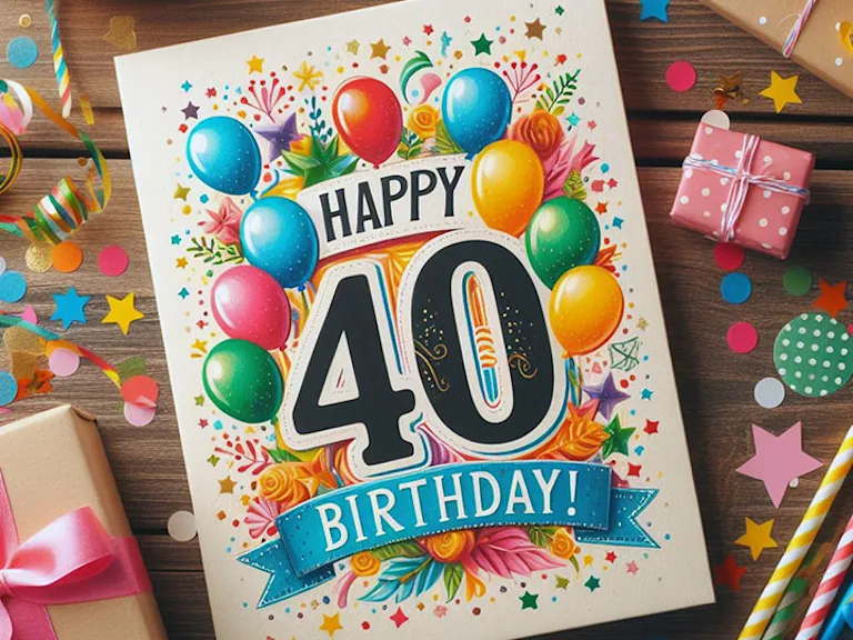 Colorful birthday card with 'Happy 40th Birthday!' surrounded by confetti and balloons on a wooden table