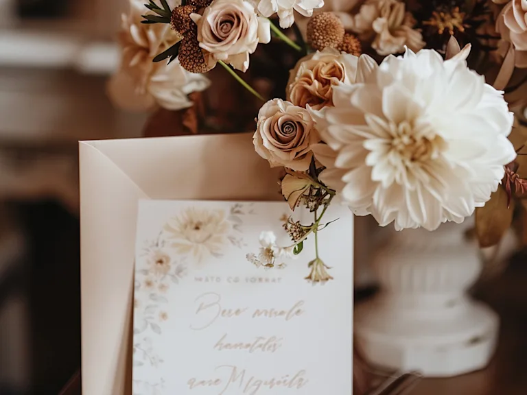 Photograph of a beautifully handwritten wedding card on elegant stationery, positioned next to a bouquet of soft-colored flowers