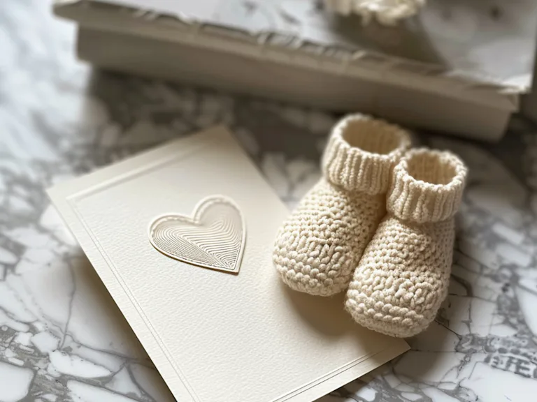 Photograph of a heartfelt paternity leave card placed next to new born baby booties