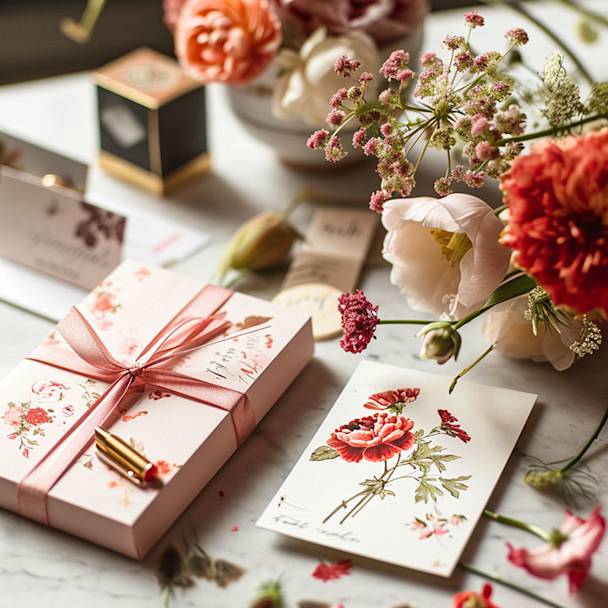 A personalized thank-you card paired with thoughtful keepsakes.