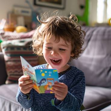 Photograph of a child opening a birthday card, the joy evident on their face