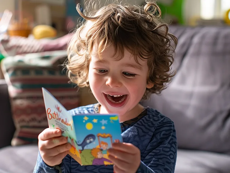 Photograph of a child opening a birthday card, the joy evident on their face