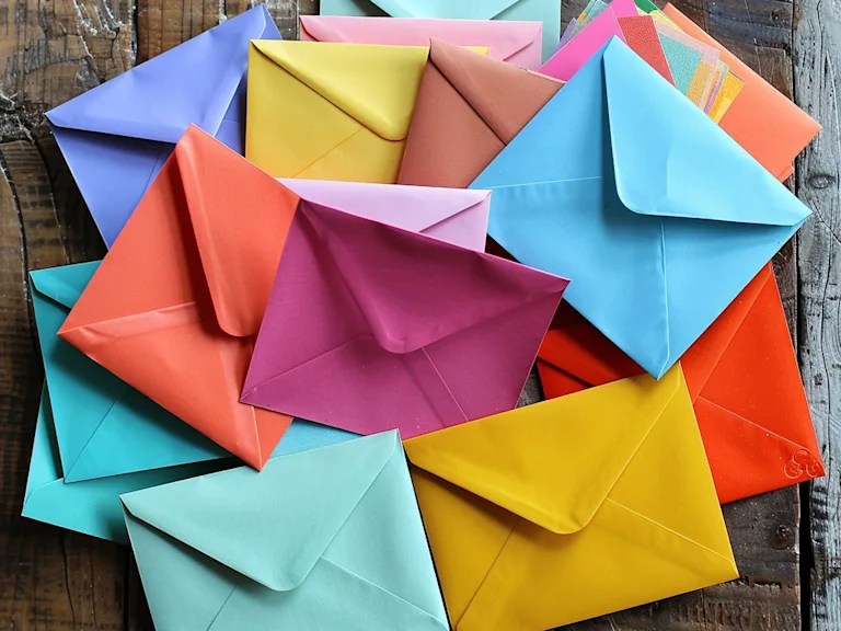 Vibrant collection of leaving card envelopes on a wooden table