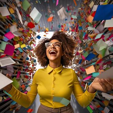 Woman with flying cards, choosing the right ecard
