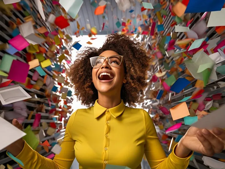 Woman with flying cards, choosing the right ecard