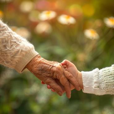 A close-up of a grandmother and grandchild holding hands, symbolizing the timeless bond and love shared between generations.