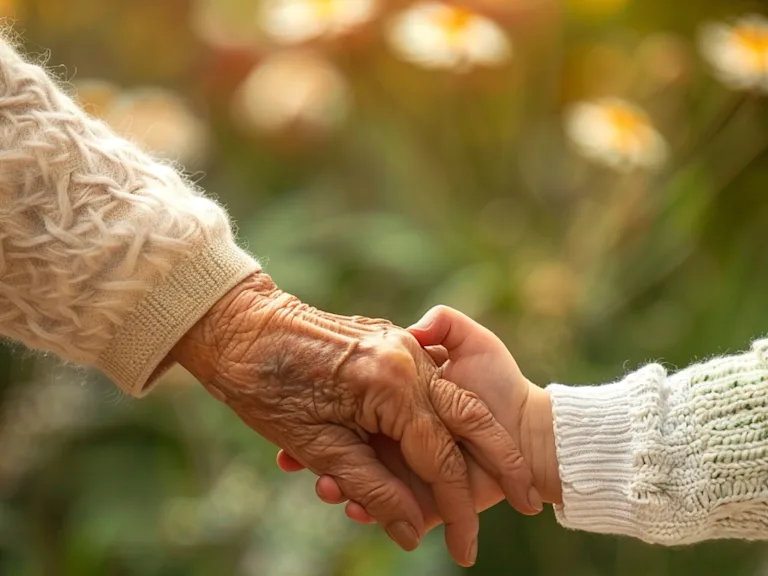 A close-up of a grandmother and grandchild holding hands, symbolizing the timeless bond and love shared between generations.