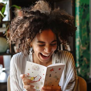 A woman laughing while reading a 30th birthday card with funny doodles 