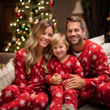 Family dressed in matching Christmas pajamas