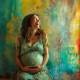 Photograph of a laughing pregnant mother vibrant colors modern style sharp angle