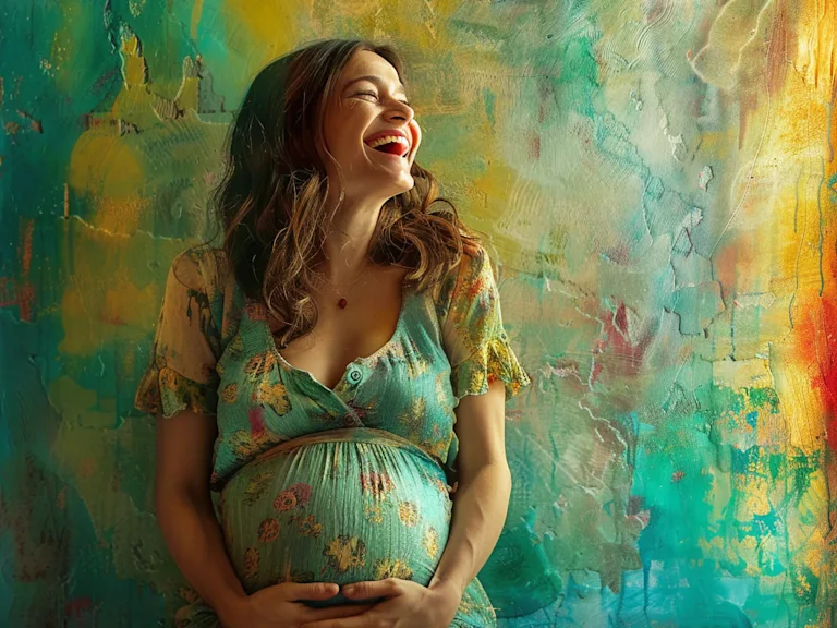 Photograph of a laughing pregnant mother vibrant colors modern style sharp angle