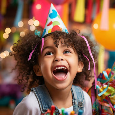 Photograph of smiling child wearing a party hat and blowing a whistle with colorful decorations in the background