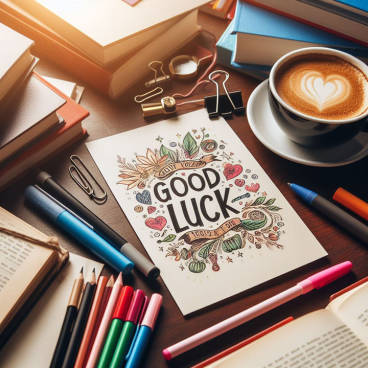 A hand-written good luck card surrounded by textbooks and a warm cup of coffee on a study desk