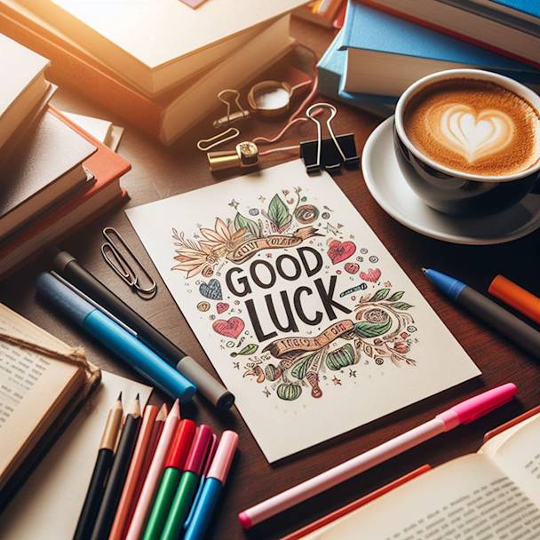 A hand-written good luck card surrounded by textbooks and a warm cup of coffee on a study desk