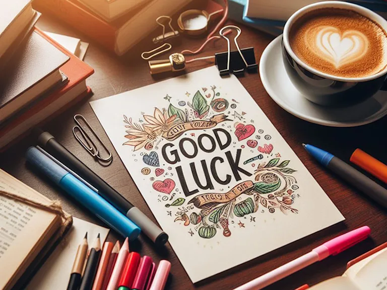 A hand-written good luck card surrounded by textbooks and a warm cup of coffee on a study desk