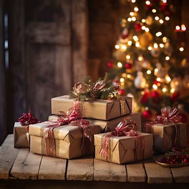 Christmas table filled with gifts, tree in background