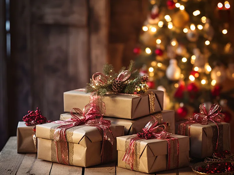 Christmas table filled with gifts, tree in background