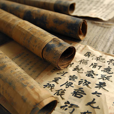 Photograph of ancient papyrus scrolls and Chinese paper with calligraphy