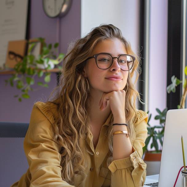 Trendy young woman in an office starting a new job
