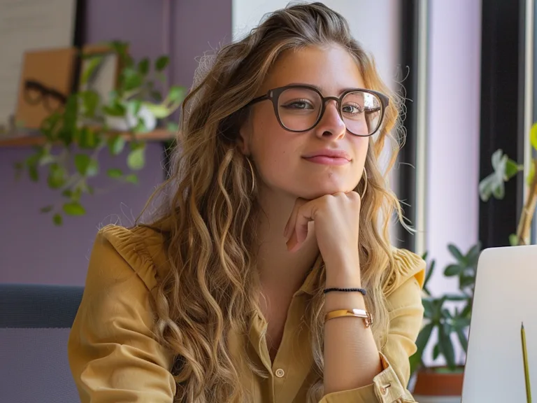 Trendy young woman in an office starting a new job