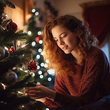 Woman decorating a Christmas tree