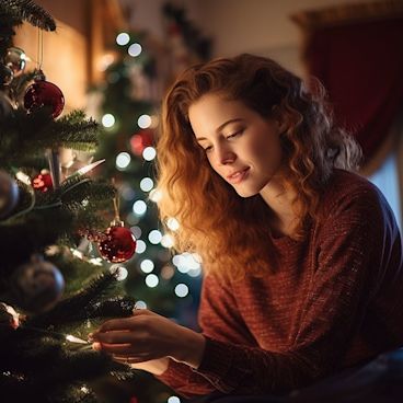 Woman decorating a Christmas tree