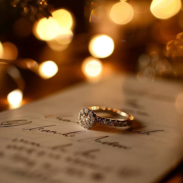 Engagement rings placed on a handwritten engagement card with blurry lights in the background