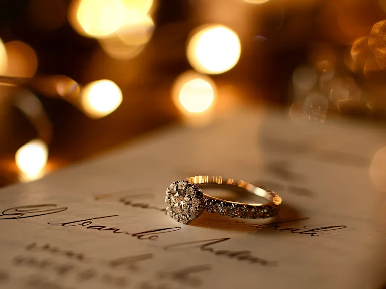 Engagement rings placed on a handwritten engagement card with blurry lights in the background
