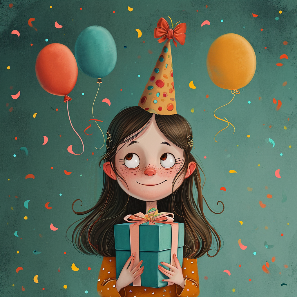 Illustrated girl holding a birthday present with balloons in the background