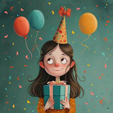Illustrated girl holding a birthday present with balloons in the background
