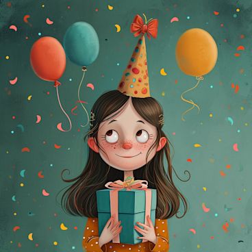 Illustrated girl holding a birthday present with balloons in the background