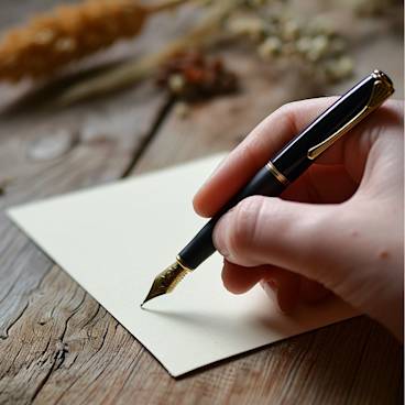 Person holding pen over blank card