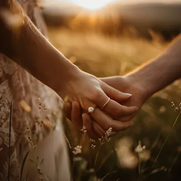 Romantic hands with anniversary ring in golden hour light