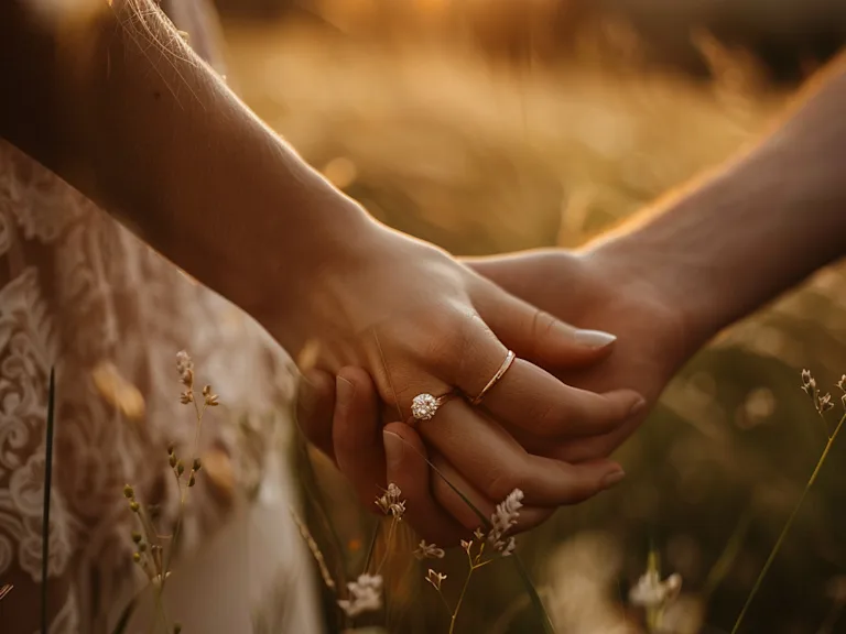 Romantic hands with anniversary ring in golden hour light