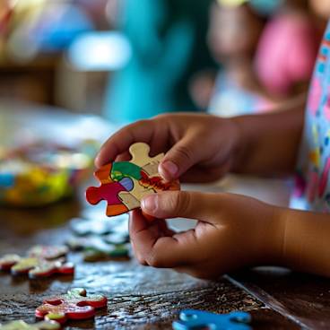Child's hands holding a small puzzle toy with a kids' birthday party in the background.