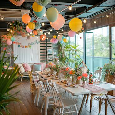 Joyful goodbye party with themed decorations and giant card
